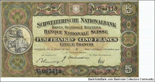 SWITZERLAND 5 Francs  Banknote
