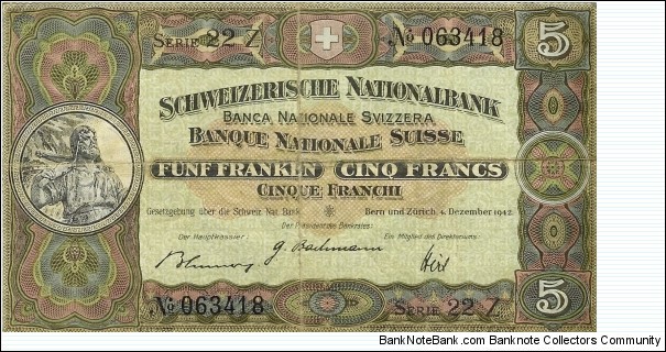 SWITZERLAND 5 Francs 1942 Banknote