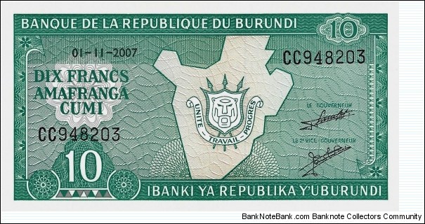 BURUNDI 10 Francs  Banknote