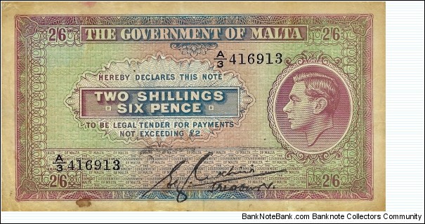 MALTA 2 Shillings 6 Pence  Banknote