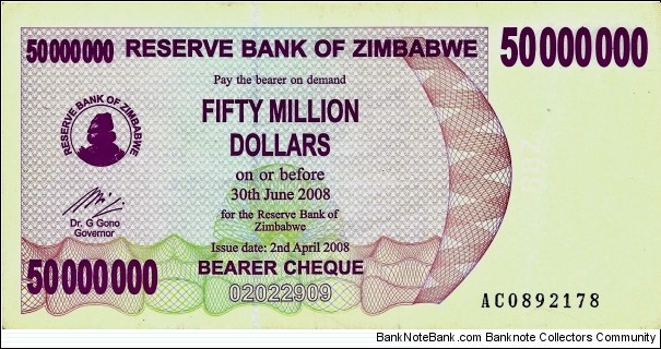 ZIMBABWE 50,000,000 Dollars Banknote
