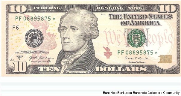 Federal Reserve Note; 10 dollars; Series 2017A (Carranza/Mnuchin).  Star Note. Banknote