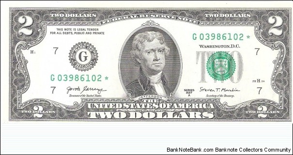 Federal Reserve Note; 2 dollars; Series 2017A (Carranza/Mnuchin).  Star Note. Banknote