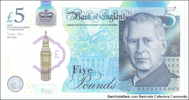Bank of England; 5 pounds; 2023.  Polymer Note. Banknote