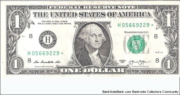 Federal Reserve Note; 1 dollar; Series 2013 (Rios/Lew).  Star Note. Banknote