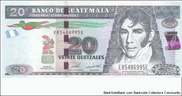 20 quetzales; May 27, 2020. Banknote