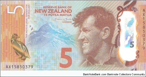 5 dollars; 2015.  Polymer Note. Banknote