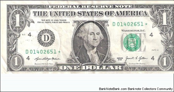 Federal Reserve Note; 1 dollar; Series 2021 (Malerba/Yellen).  Star Note. Banknote