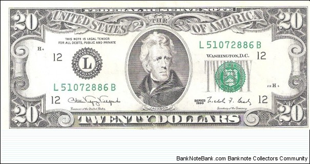 Federal Reserve Note; 20 dollars; Series 1990 (Villalpando/Brady). Banknote