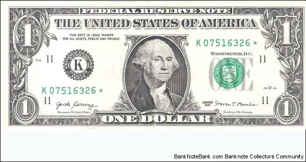 Federal Reserve Note; 1 dollar; Series 2017(Carranza/Mnuchin). Star Note. Banknote