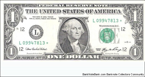 Federal Reserve Note; 1 dollar; Series 2006(Cabral/Paulson). Star Note. Banknote